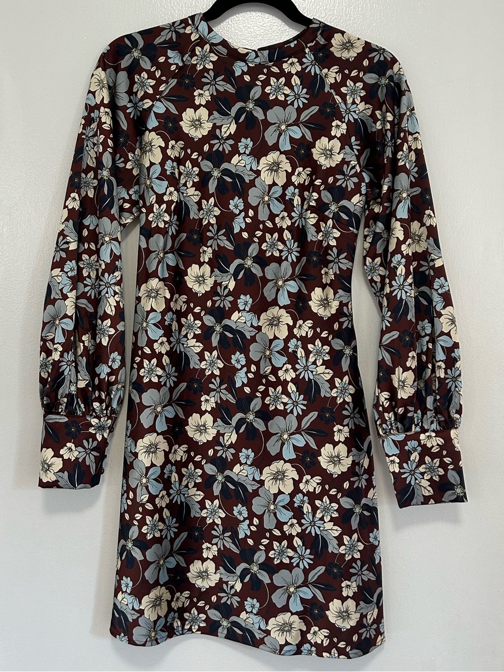 Future Collective Floral Shift Dress in Burgundy with Blue and Cream Blooms